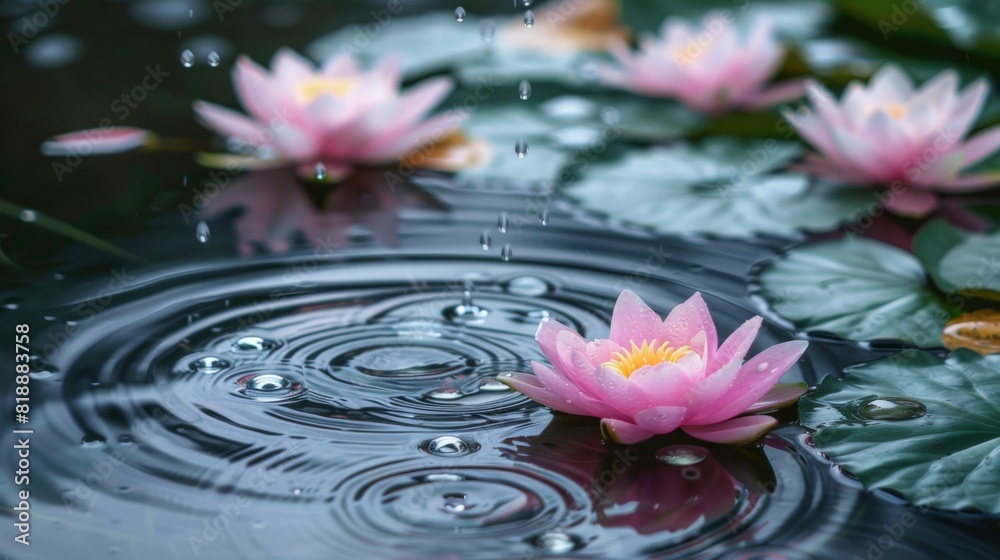 Poster Raindrops creating mesmerizing ripples on the surface of a pond filled with lotus blooms