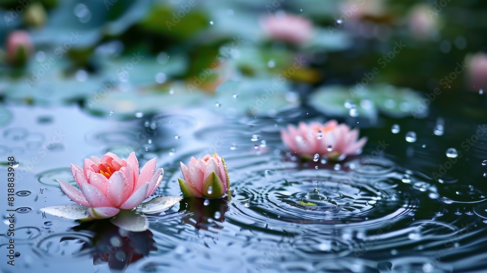 Poster Raindrops creating mesmerizing ripples on the surface of a pond filled with lotus blooms