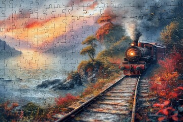 Train Travel Adventure Jigsaw Puzzle Jigsaw puzzle pieces forming an image of a scenic train travel adventure