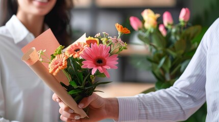 Professional receiving flowers and a card at their desk, celebrating a work anniversary, warm and appreciative gesture