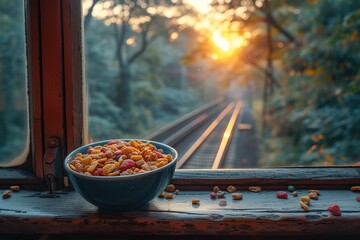 Train Travel Adventure Trail Mix Snack Illustration or photo featuring a trail mix snack as a travel companion during a train adventure