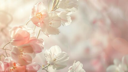 dreamlike spring podium delicate cherry blossoms and tulips in soft pastel tones ethereal morning light abstract background