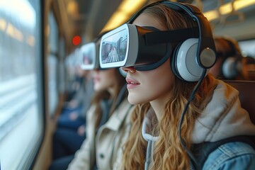 Train Travel Adventure Virtual Reality Experience Passengers experiencing a virtual reality adventure related to train travel, blending technology with entertainment