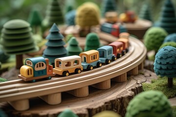 Train Travel Adventure Wooden Toy Set Wooden toy set featuring trains, tracks, and landscapes for imaginative play