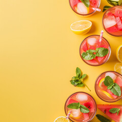 In the image, two glasses brim with vibrant, ice-cold lemonade, a refreshing oasis captured in glass. The citrusy aroma wafts delicately as condensation glistens on the surface.
