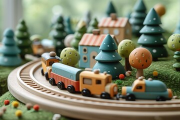 Train Travel Adventure Wooden Toy Set Wooden toy set featuring trains, tracks, and landscapes for imaginative play