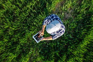 Farmer using tablet in wheat field. View from above of a farmer in blue shirt using a tablet in a young wheat field.High quality photo