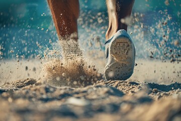 Intense Beach Volleyball Action Shot - Close-Up of Player's Feet Digging Into Sand During Jump, Perfect for Sports Gear Advertising