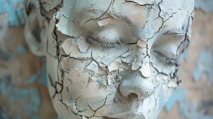 Surreal fashion concept. Cracked plaster figure woman disintegrating. Copy space available.