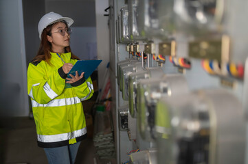 Asian electric engineer holding clipboard for checking and monitoring the electrical system in the...