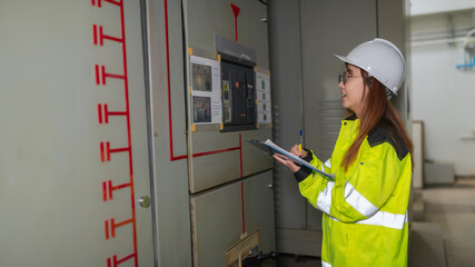 Asian electric engineer holding clipboard for checking and monitoring the electrical system in the...