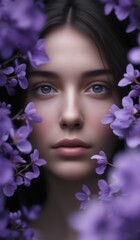 Floral Embrace Woman's Contemplative Gaze Amidst Purple Blossoms