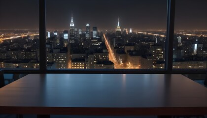 Modern empty desk and window. Night view. City. Chill.