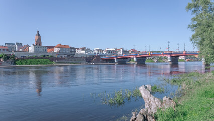 Gorzow Wielkopolski, Poland - Warta river on a sunny spring day with downtown Gorzow in the background