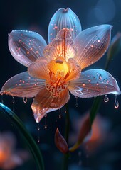 Beautiful Dew-Covered Orchid Illuminated by Soft Light in a Dark Environment