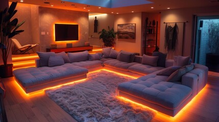 A chic basement lounge aglow with LED strips, providing a stylish and inviting setting for nighttime gatherings and relaxation.