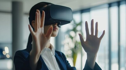 Person using a virtual reality headset for a business meeting, futuristic teleworking experience