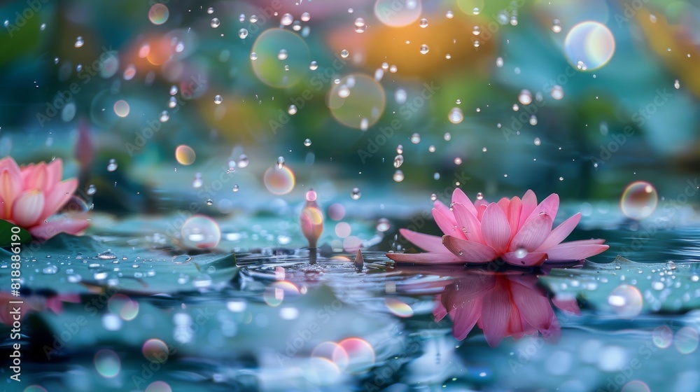 Poster serene image of raindrops gently falling on the surface of a tranquil lotus pond