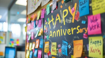 Office bulletin board with colorful "Happy Work Anniversary" banner and congratulatory notes from colleagues, vibrant and supportive