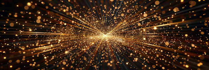 An explosion of golden light , Golden particles with ray on dark  Background. Abstract golden background with starburst.