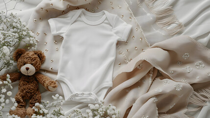White Baby Bodysuit Mockup with Floral Cotton Blanket and Teddy Bear