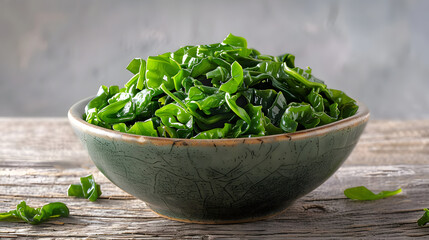 Dried wakame seaweed in bowl on wooden table isolated on white background, realistic, png
