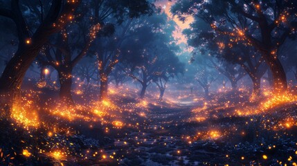 A magical scene of fireflies dancing among the trees in a moonlit forest, their bioluminescent glow creating an enchanting spectacle