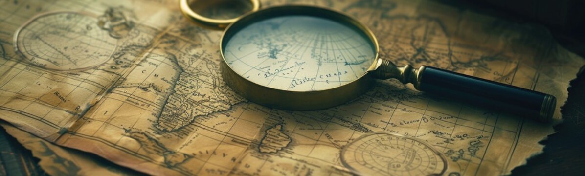 Magnifying glass sitting on top of a map. scavenger hunt concept 