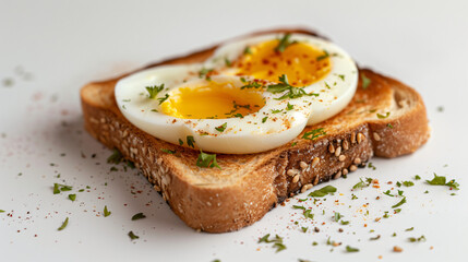 Delicious toast with boiled egg on white background