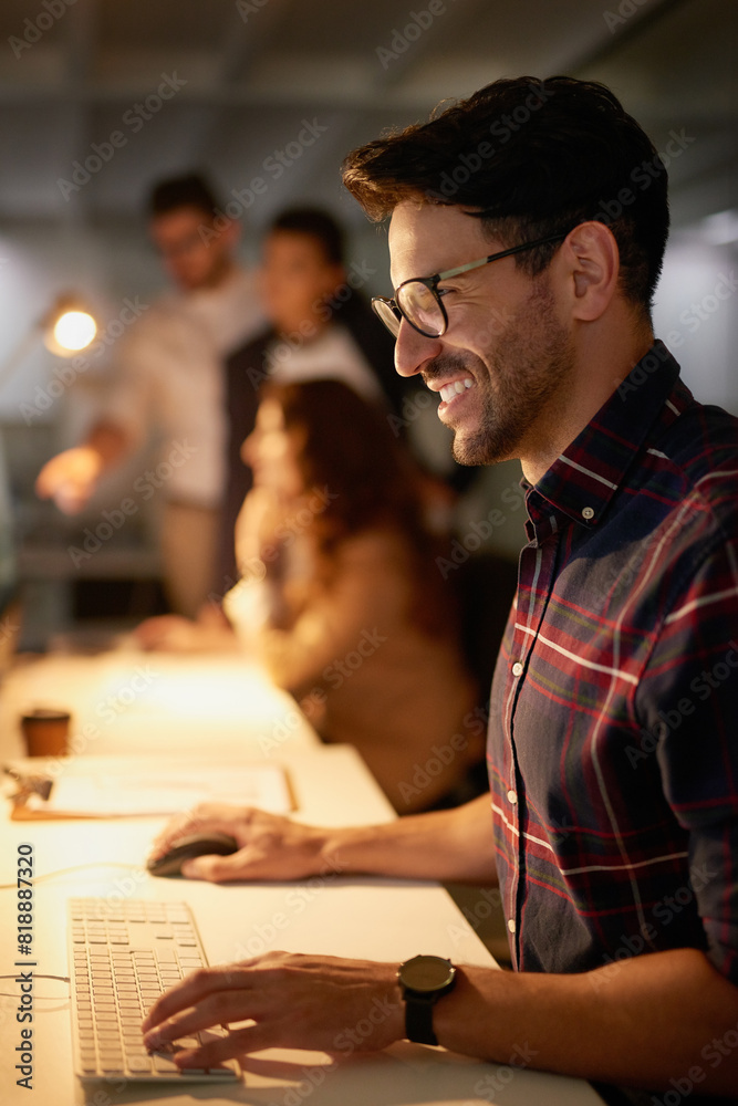 Poster laptop, keyboard and man in night, office and overtime for project of web designer, creativity or gl