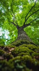 Fototapeta premium Looking up at a moss covered tree in a forest
