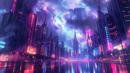 A futuristic metropolis engulfed in a torrential downpour, with rain-soaked streets reflecting the vibrant neon lights of towering skyscrapers against a backdrop of stormy,