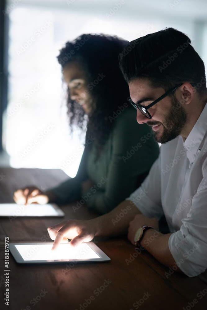 Poster tablet, research and business people in office reading information for creative project with teamwor