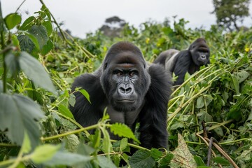 Fototapeta premium A male silverback gorilla in a jungle hillside habitat. Blurred background. Horizontal. Space for copy. Close up.
