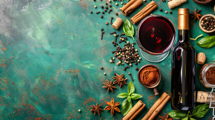 Bottle and glass of wine with different spices