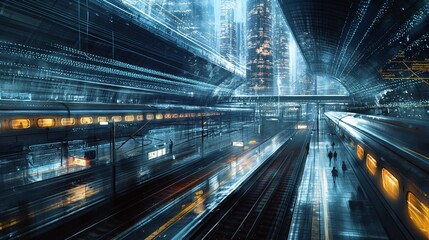 Fototapeta na wymiar A futuristic train station pulsing with the energy of digital commuters, where streams of data flow like rivers through the veins of the metropolis. 32k, full ultra hd, high resolution