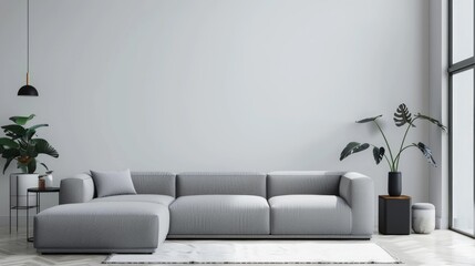 Interior mockup on white wall with gray sofa and decor.