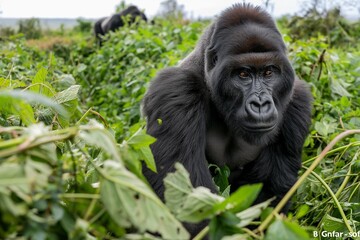 Obraz premium A male silverback gorilla in a jungle hillside habitat. Blurred background. Horizontal. Space for copy. Close up.