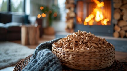 Wicker basket with wood pellets near fireplace in modern living room