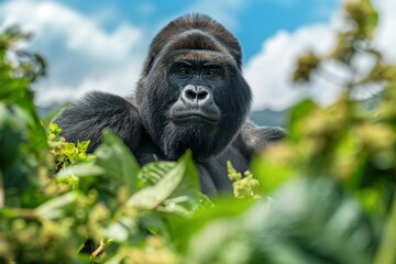 Obraz premium A male silverback gorilla in a jungle hillside habitat. Blurred background. Horizontal. Space for copy. Close up.