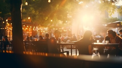 Blurred background of street bar. Beer restaurant outdoor. Generative AI.