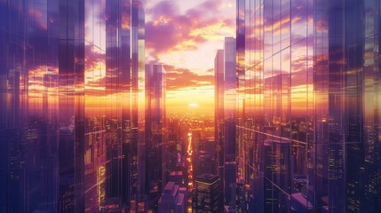 A gleaming, futuristic cityscape nestled between towering crystalline skyscrapers, reflecting a...