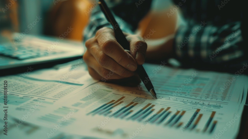 Poster stock market analyst writing notes on a printed financial graph report