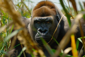 Obraz premium A male silverback gorilla in a jungle hillside habitat. Blurred background. Horizontal. Space for copy. Close up.