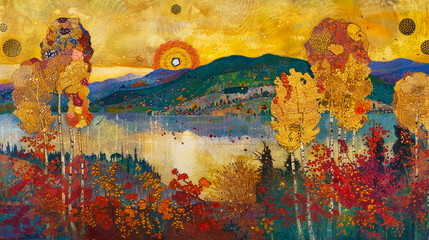 Abstract painting image of beautiful autumn leaves landscape.
