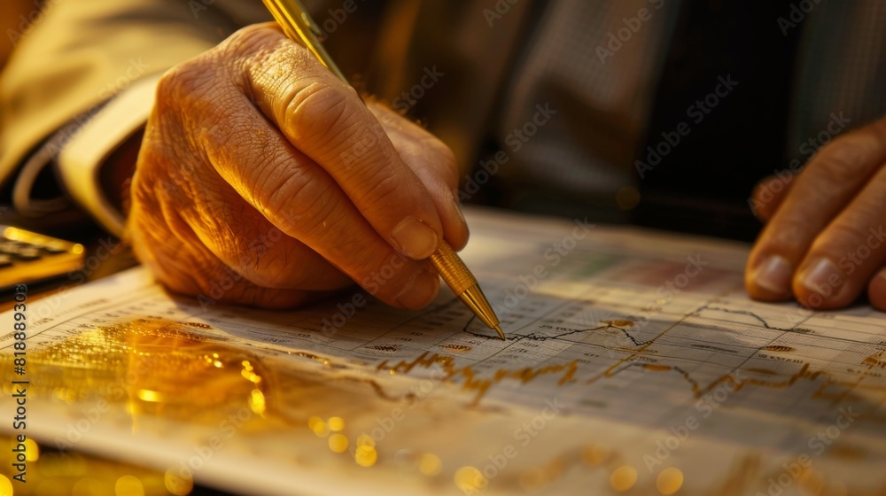 Poster stock market analyst writing notes on a printed gold price graph report