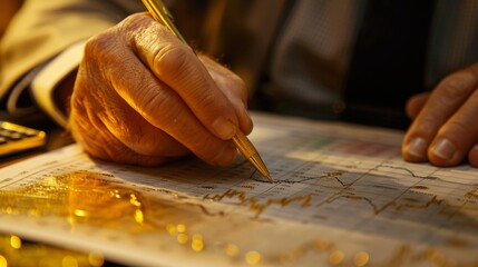 Stock market analyst writing notes on a printed gold price graph report