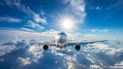 Commercial airline with blue sky and sun on the background