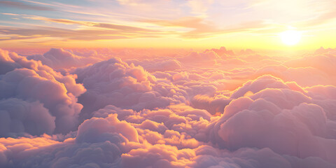 Background of soft cotton clouds in a sunset sky, offering a dreamy and peaceful setting, ideal for relaxation or sleep-related products