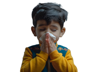 A little boy with a pale face sneezes and covers his nose with a tissue